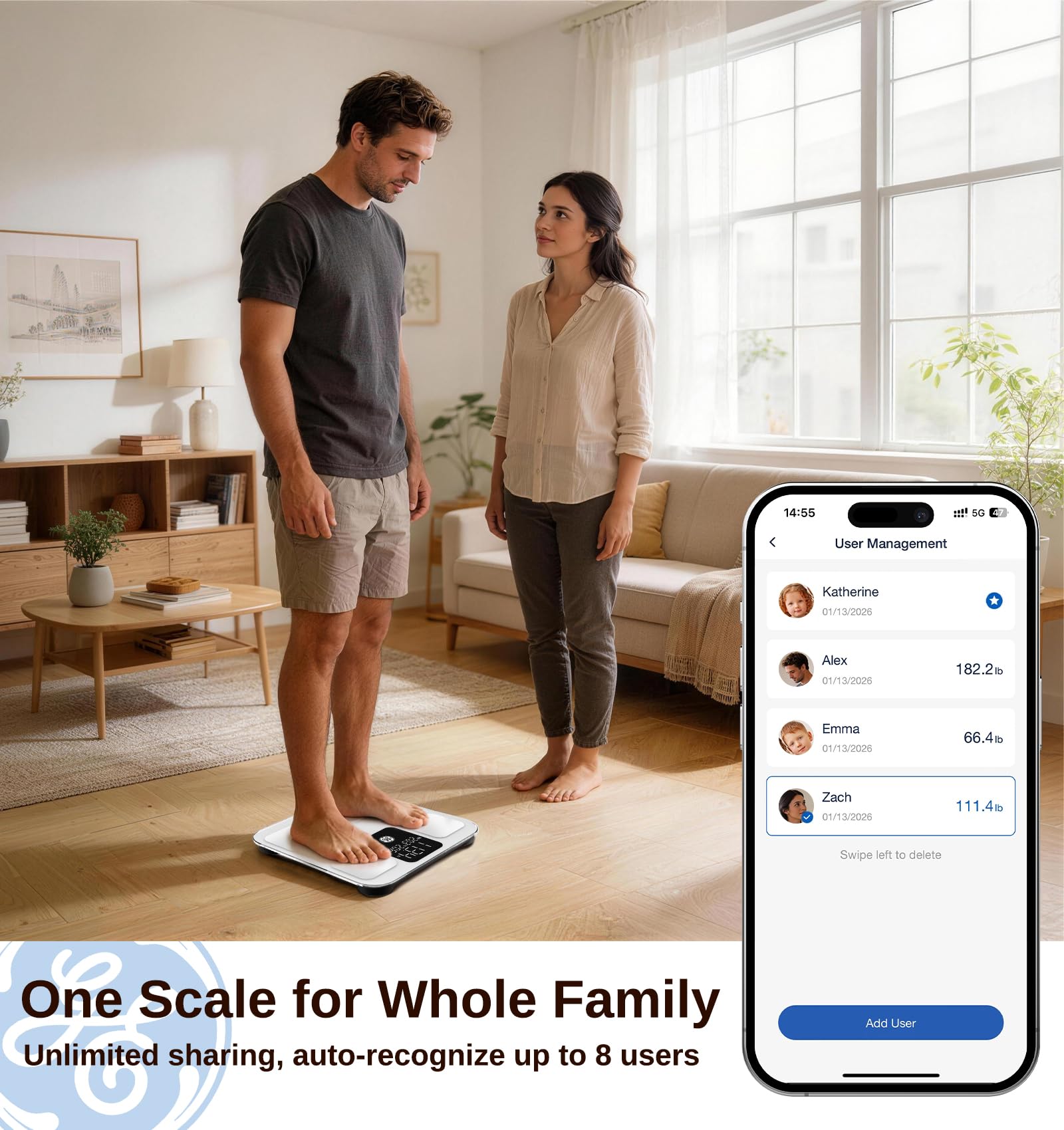 GE Smart Scale for Body Weight: Body Fat, BMI, Digital Bathroom Scale - 14 Body Composition Analyzer Health Monitor, Highly Accurate Bluetooth Weighing Scale with App 400 lb, 11 Inch