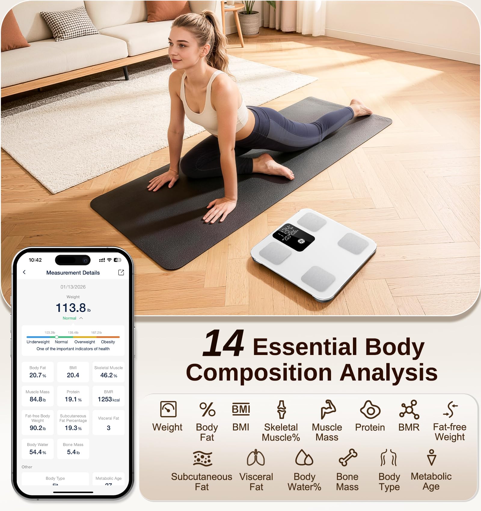 GE Smart Scale for Body Weight: Body Fat, BMI, Digital Bathroom Scale - 14 Body Composition Analyzer Health Monitor, Highly Accurate Bluetooth Weighing Scale with App 400 lb, 11 Inch
