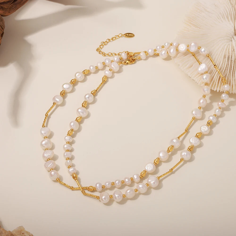 Luxury Freshwater Pearl Necklace for Women Stainless Steel Clavicle Long Chain Sweater Link Charm Banquet Jewelry Gift