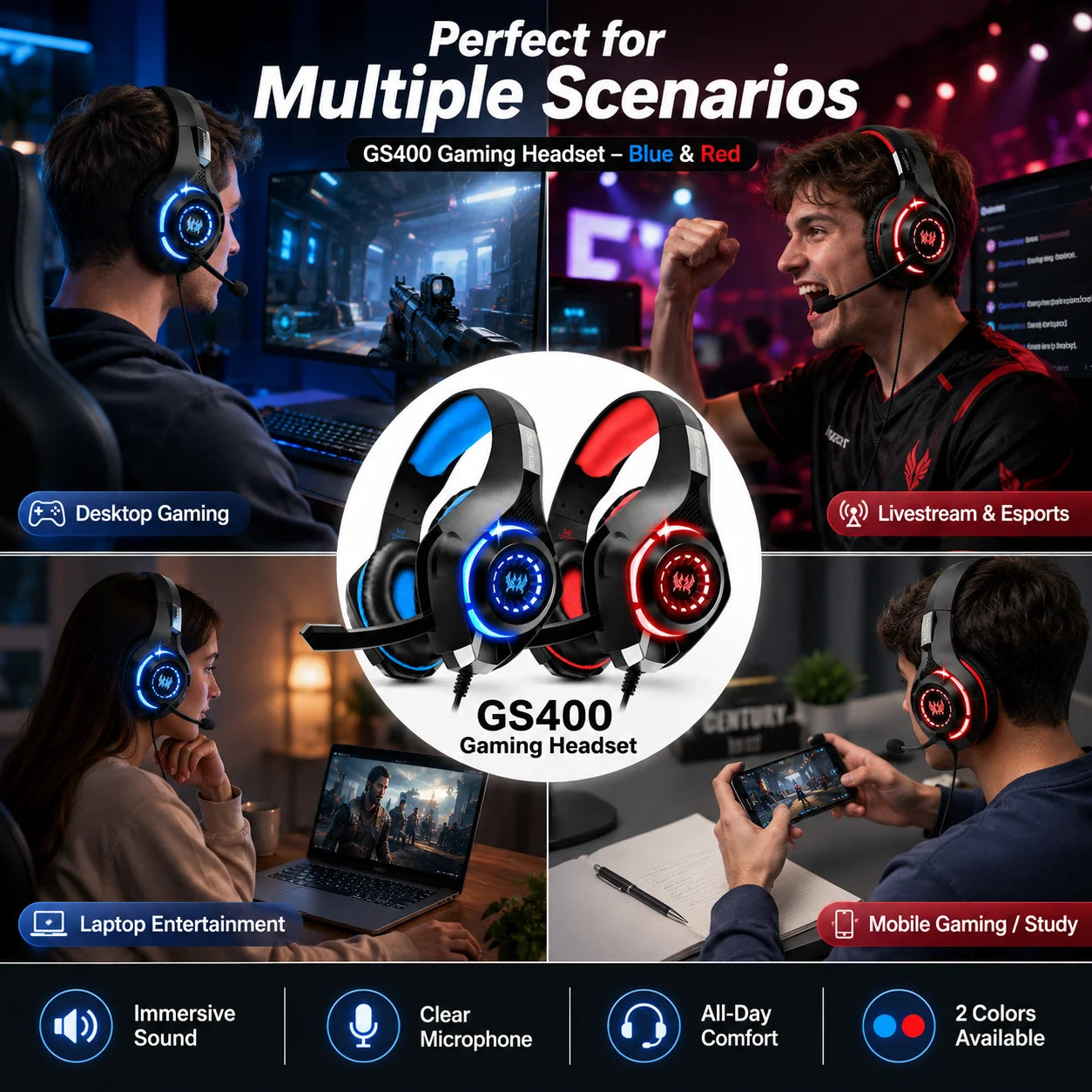 GS400 Wired Gaming Headset with Microphone LED Over Ear Gamer Headphones for PC PS4 PS5 Xbox Switch Laptop Mobile