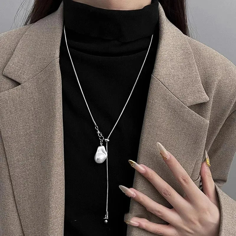 New Stainless Steel Pearls Long with Baroque Pearls Necklace for Women Adjustable Chain Sweater Accessories Fashion Jewelry