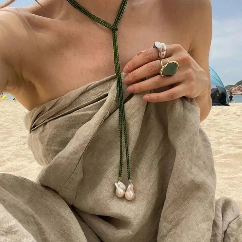 New Stainless Steel Pearls Long with Baroque Pearls Necklace for Women Adjustable Chain Sweater Accessories Fashion Jewelry