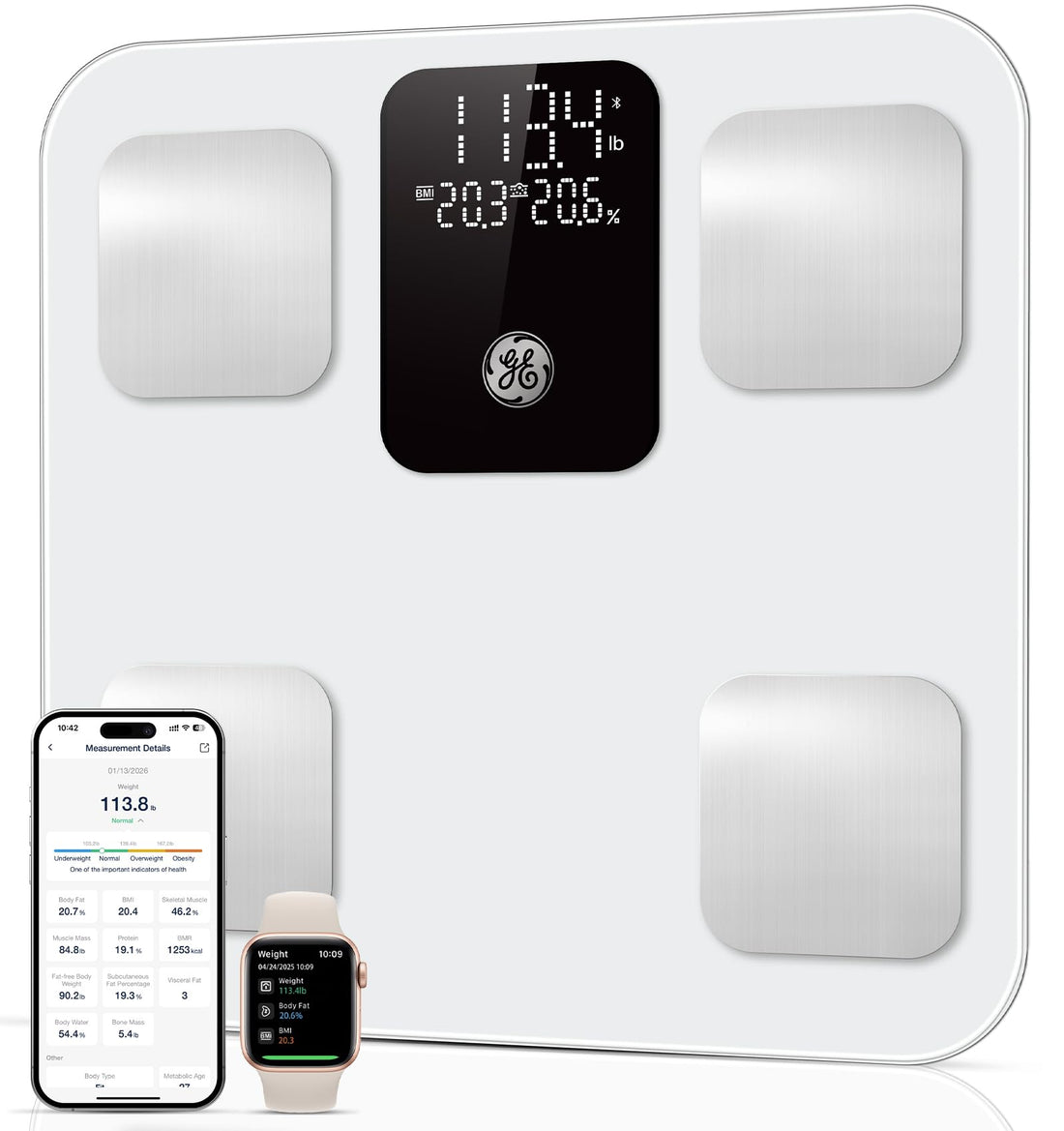 Báscula inteligente GE para peso corporal: grasa corporal, IMC, báscula de baño digital - 14 analizadores de composición corporal, monitor de salud, báscula de pesaje Bluetooth de alta precisión con aplicación 400 lb, 11 pulgadas