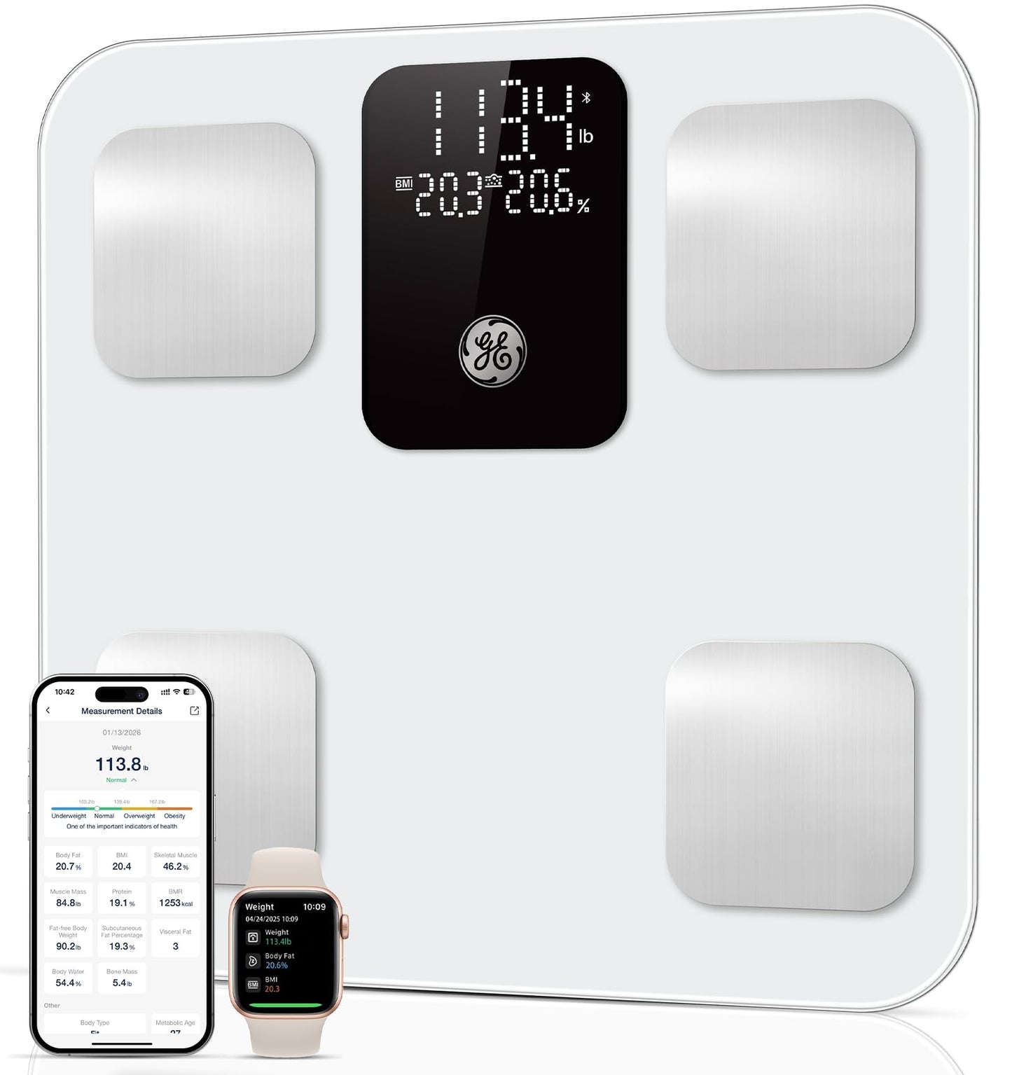 GE Smart Scale for Body Weight: Body Fat, BMI, Digital Bathroom Scale - 14 Body Composition Analyzer Health Monitor, Highly Accurate Bluetooth Weighing Scale with App 400 lb, 11 Inch