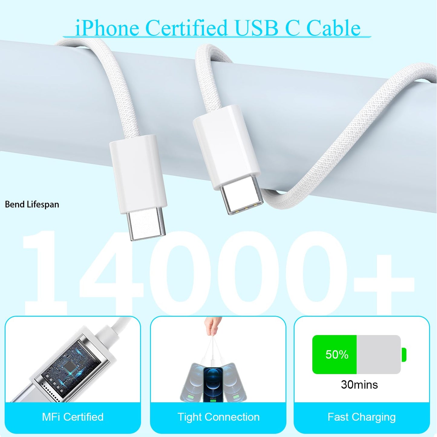 10FT Fast Charging Cord for iPhone 17 16e 15,3Pack Extra Lon