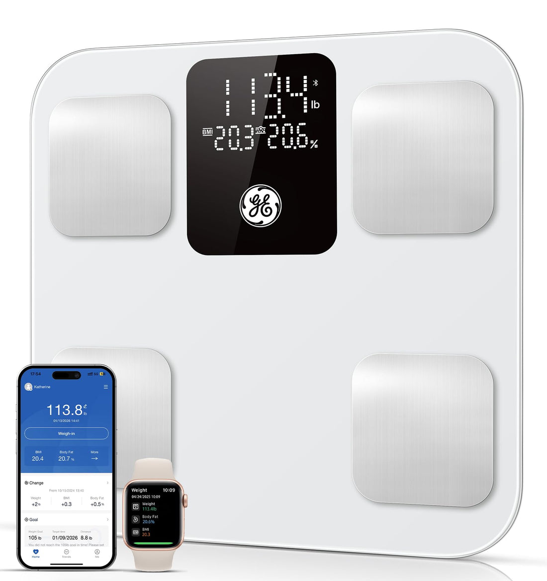 Báscula inteligente GE para peso corporal: grasa corporal, IMC, báscula de baño digital - 14 analizadores de composición corporal, monitor de salud, báscula de pesaje Bluetooth de alta precisión con aplicación 400 lb, 11 pulgadas