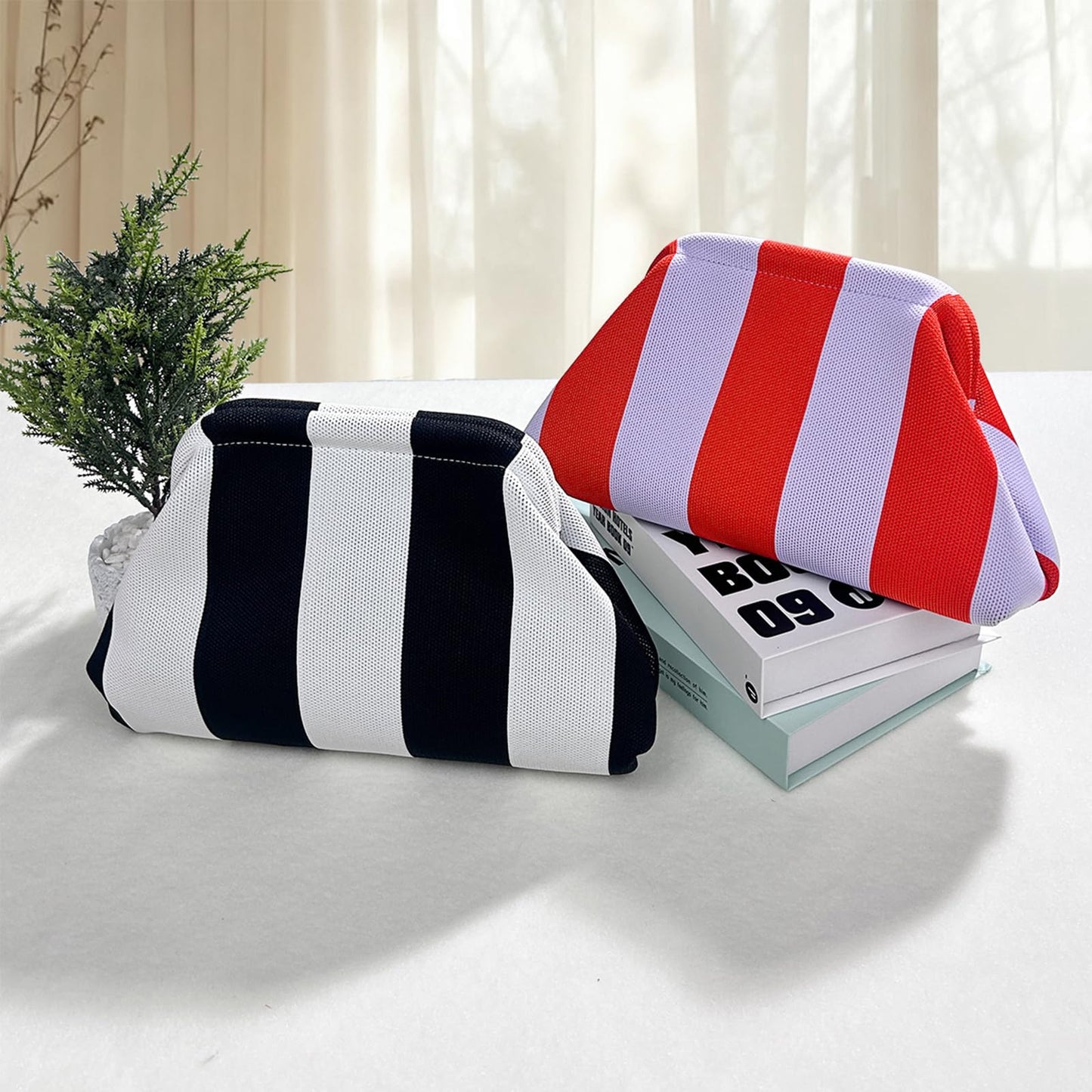 Clutch Purses for Women,Woven Crochet Bag&Cosmetic Bag Dumpling Striped Cloud Purse Evening Handbag Summer Beach