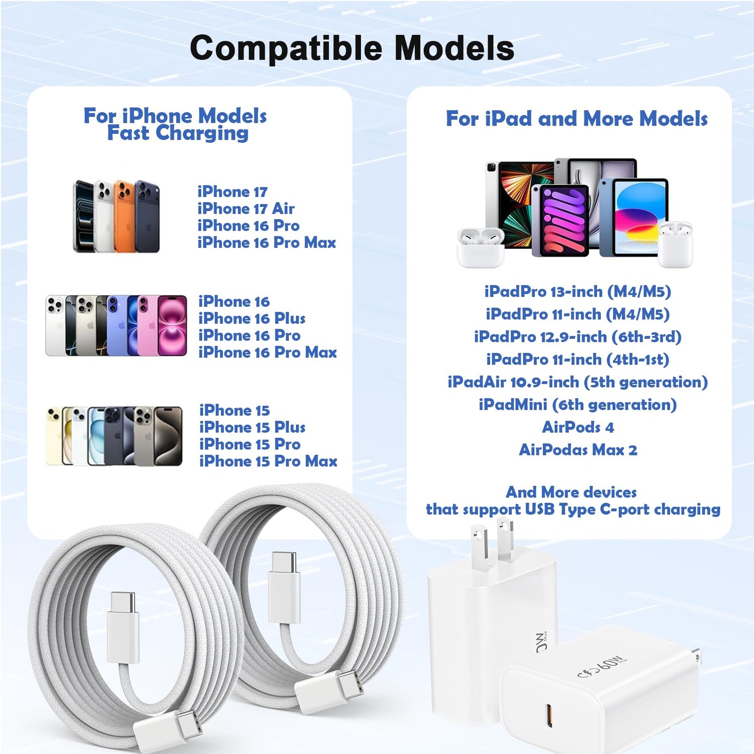 10FT Fast Charging Cord for iPhone 17 16e 15,3Pack Extra Lon