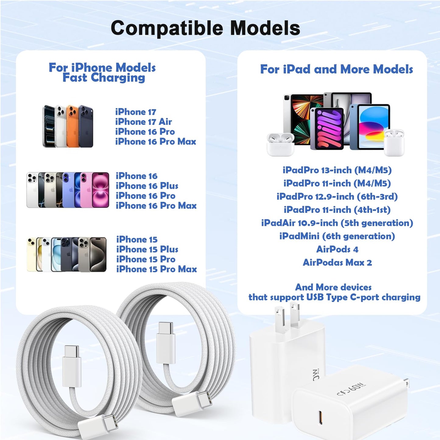 10FT Fast Charging Cord for iPhone 17 16e 15,3Pack Extra Lon
