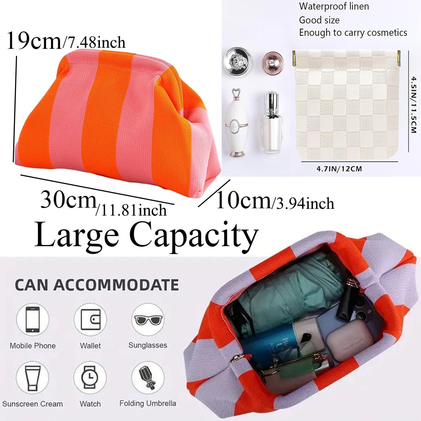 Clutch Purses for Women,Woven Crochet Bag&Cosmetic Bag Dumpling Striped Cloud Purse Evening Handbag Summer Beach