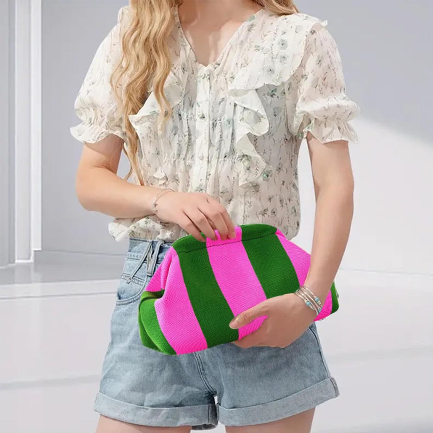 Clutch Purses for Women,Woven Crochet Bag&Cosmetic Bag Dumpling Striped Cloud Purse Evening Handbag Summer Beach