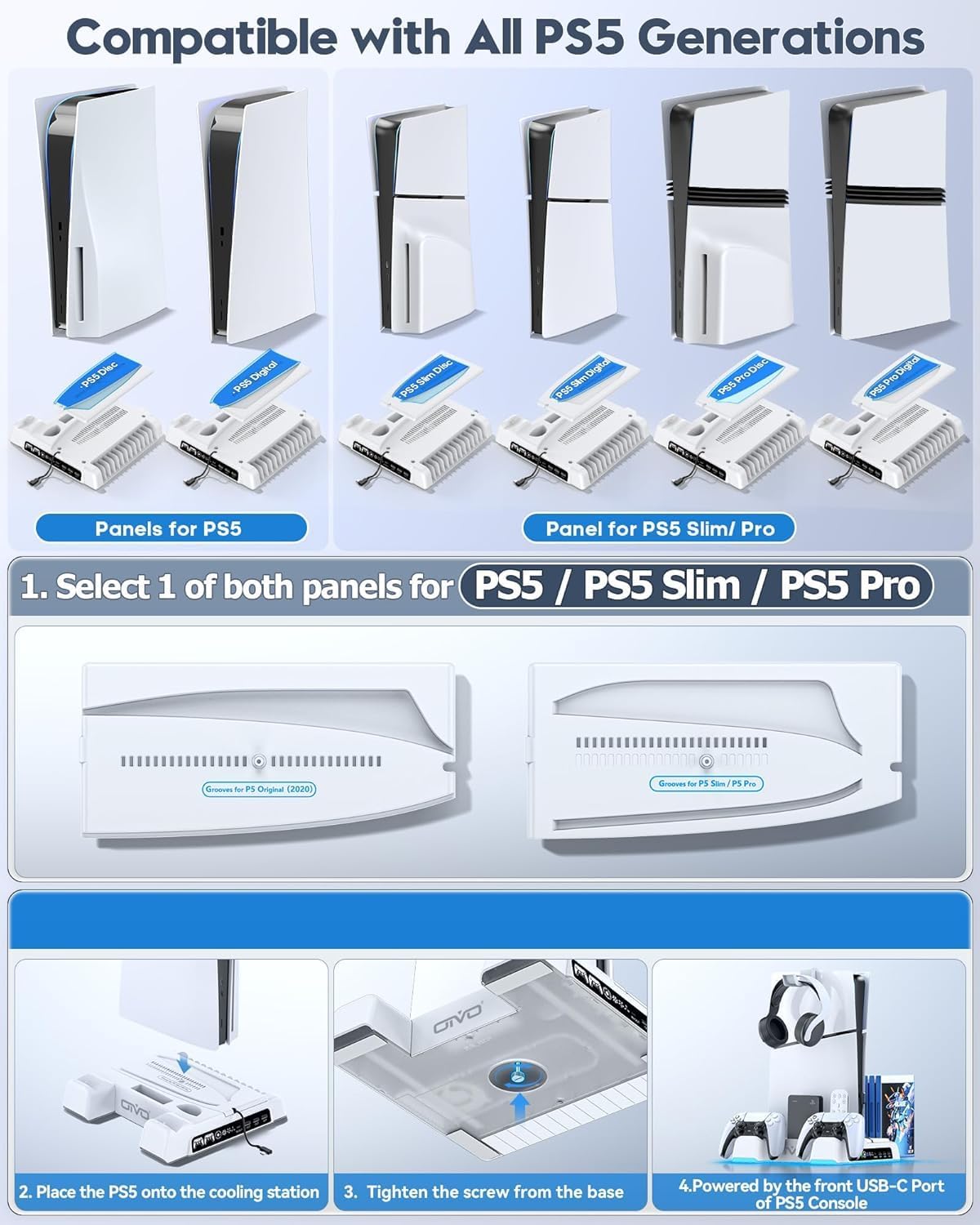 PS5/Slim/Pro Stand and Cooling Station with LED Controller Charging Station for PlayStation 5 Console, Controller Charger, Cooling Stand, PS5/Slim/Pro Skin Accessories Kit with 3 Level Cooler Fan