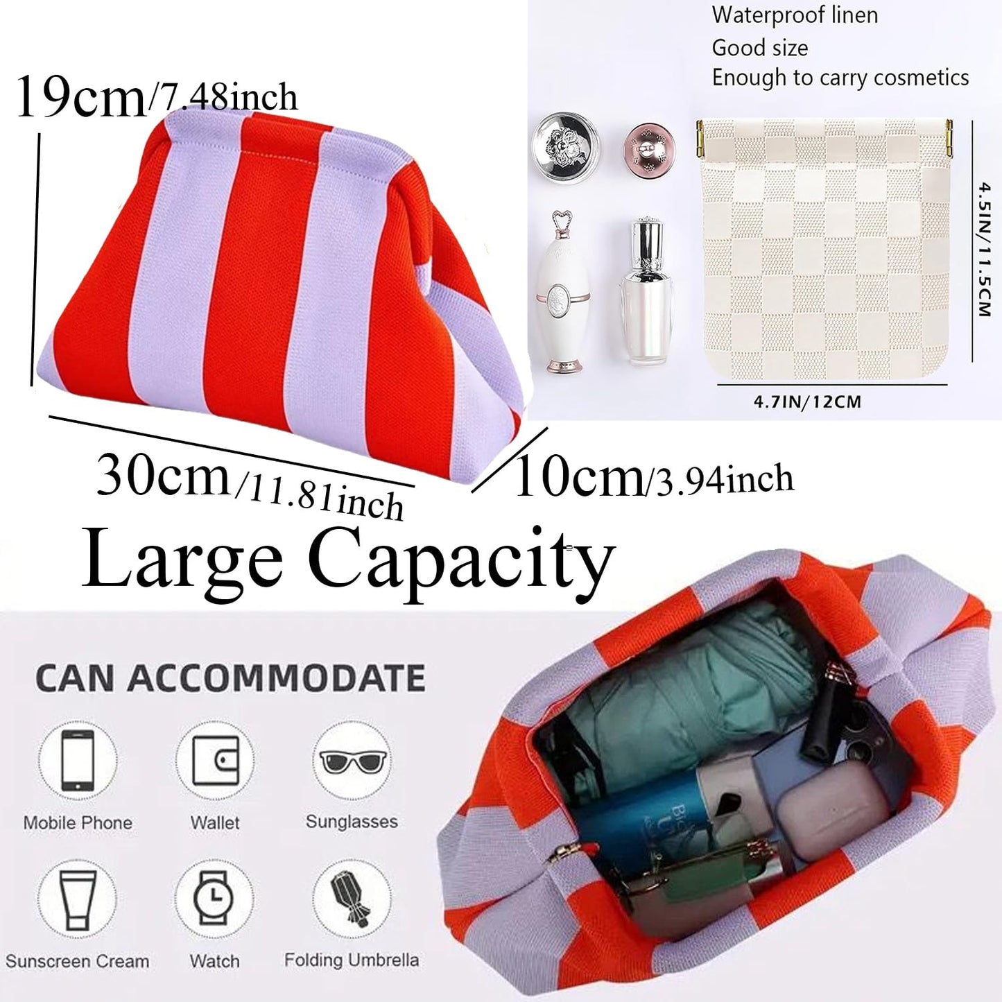 Clutch Purses for Women,Woven Crochet Bag&Cosmetic Bag Dumpling Striped Cloud Purse Evening Handbag Summer Beach