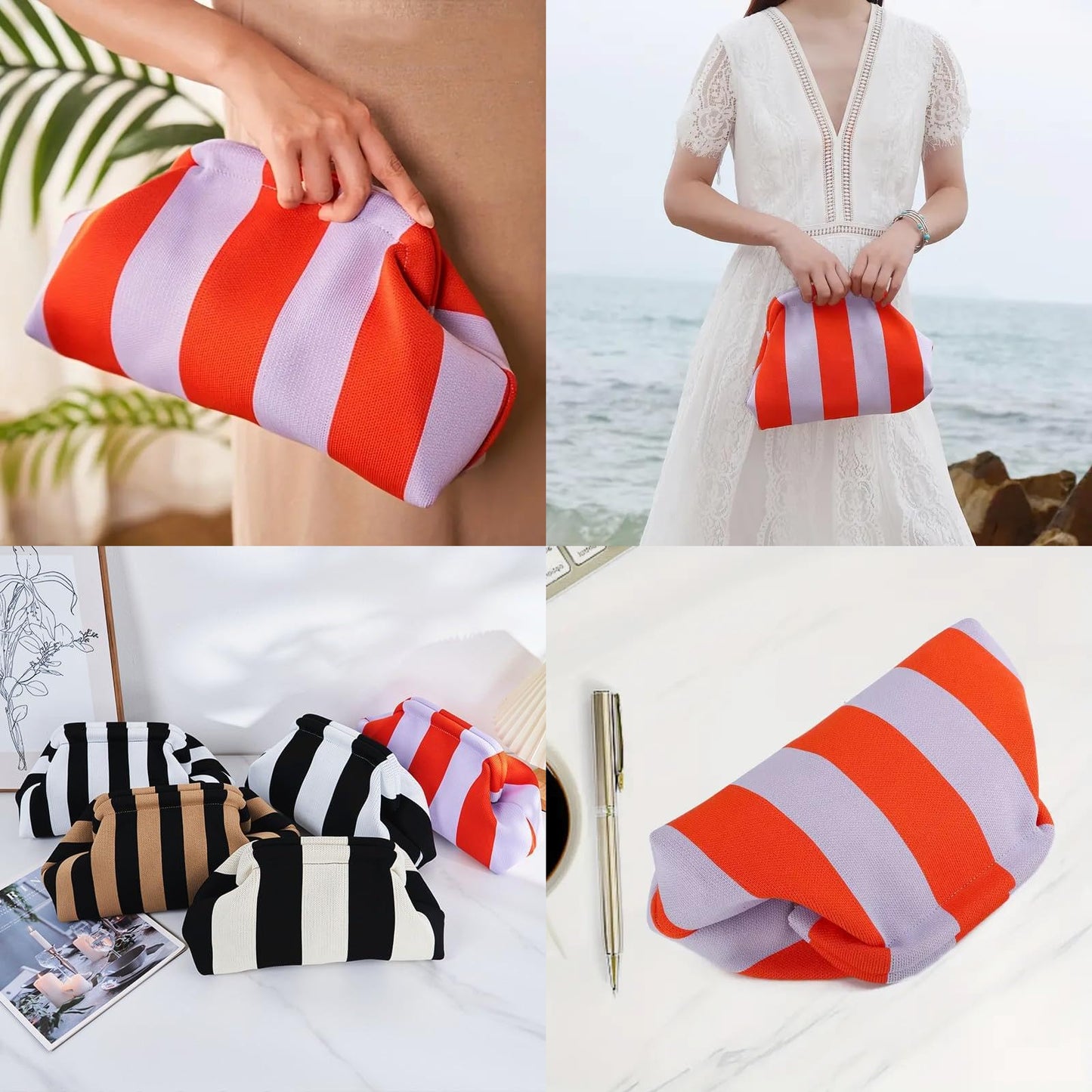 Clutch Purses for Women,Woven Crochet Bag&Cosmetic Bag Dumpling Striped Cloud Purse Evening Handbag Summer Beach