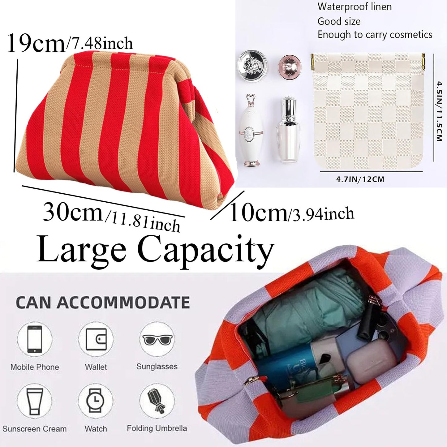 Clutch Purses for Women,Woven Crochet Bag&Cosmetic Bag Dumpling Striped Cloud Purse Evening Handbag Summer Beach