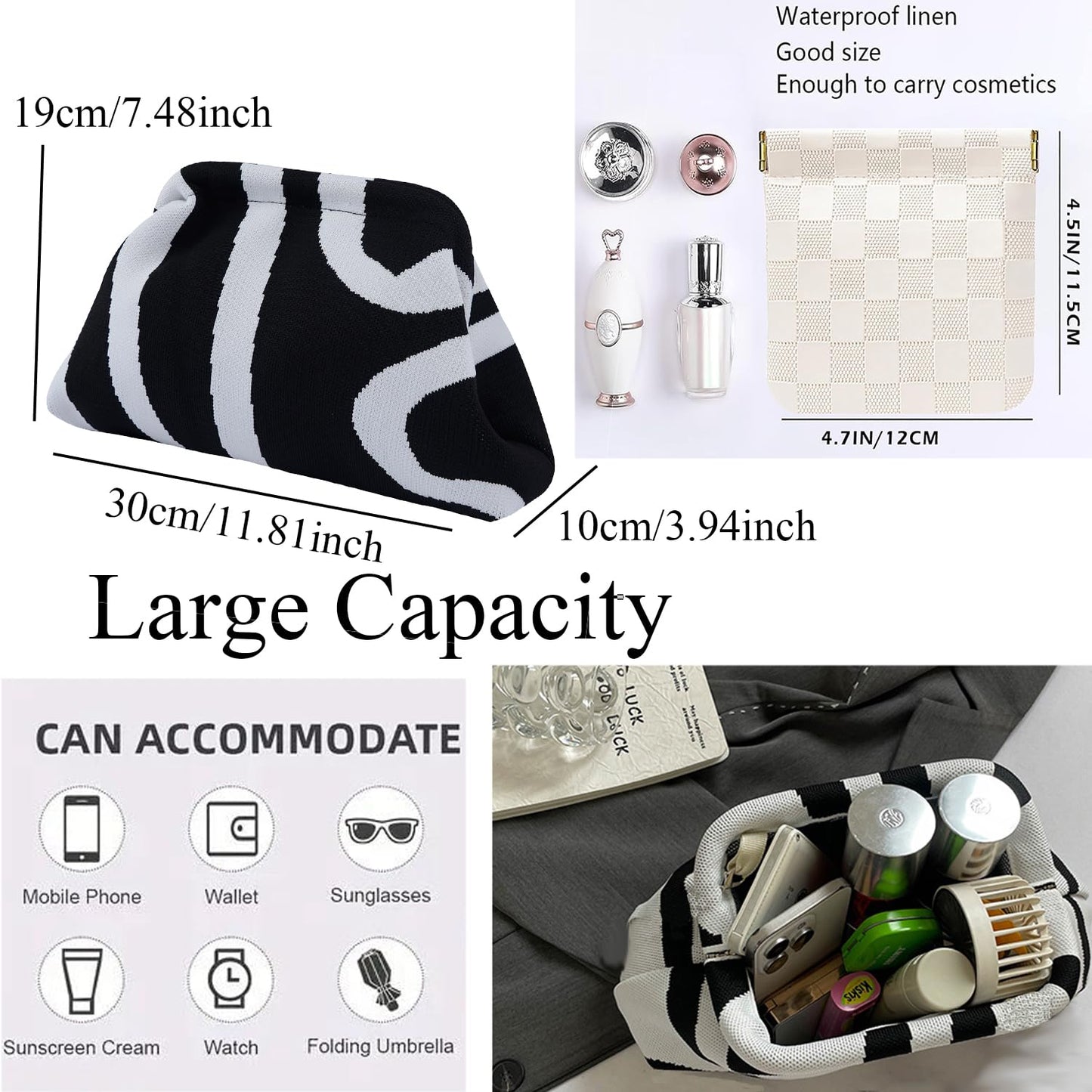 Clutch Purses for Women,Woven Crochet Bag&Cosmetic Bag Dumpling Striped Cloud Purse Evening Handbag Summer Beach