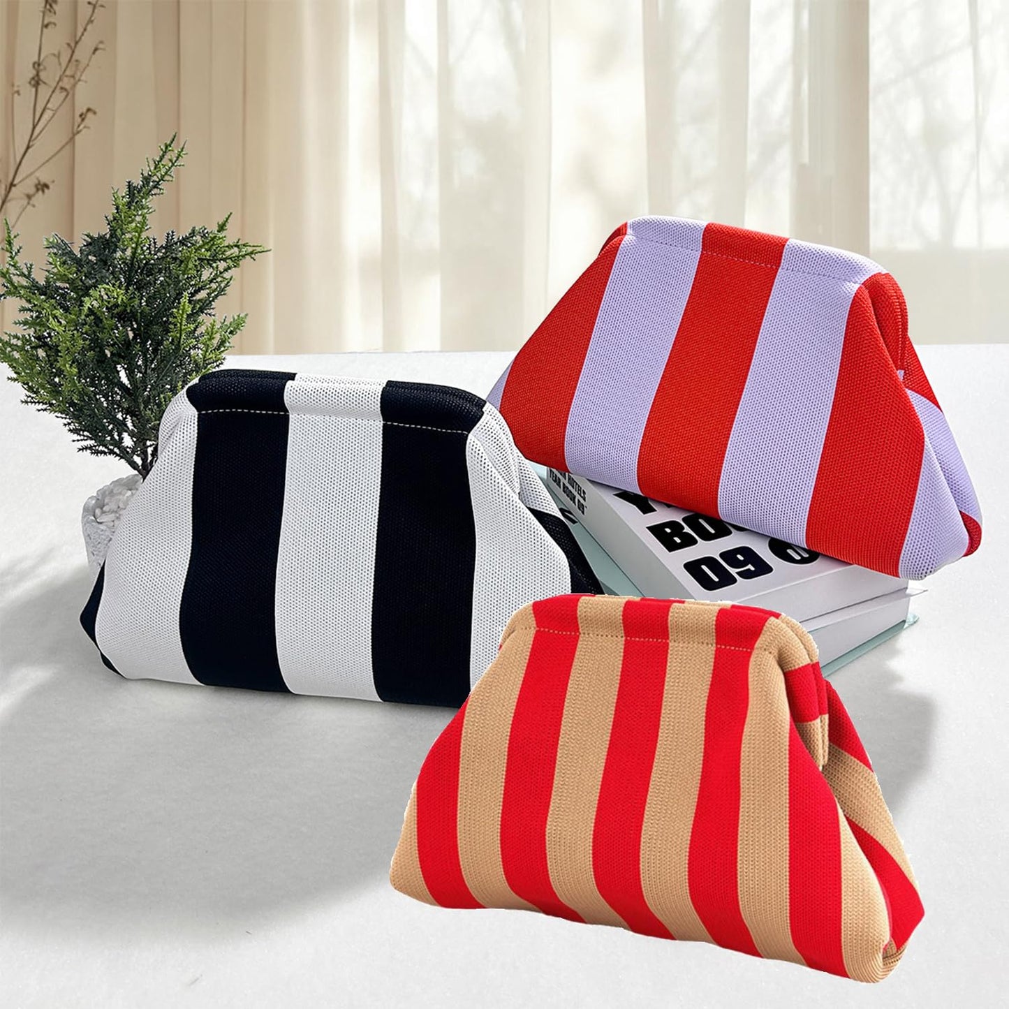 Clutch Purses for Women,Woven Crochet Bag&Cosmetic Bag Dumpling Striped Cloud Purse Evening Handbag Summer Beach