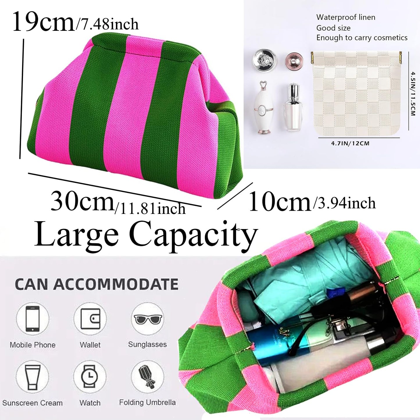 Clutch Purses for Women,Woven Crochet Bag&Cosmetic Bag Dumpling Striped Cloud Purse Evening Handbag Summer Beach