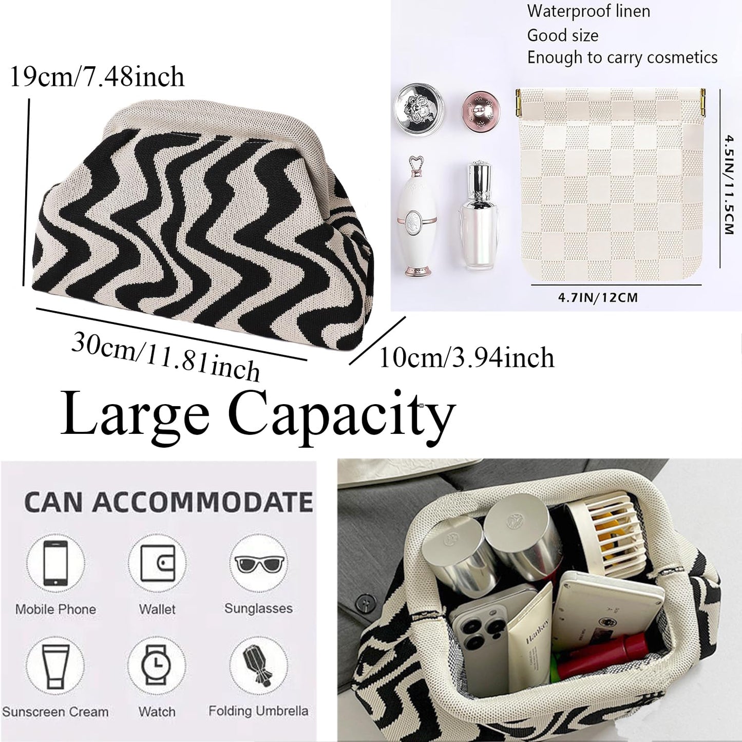 Clutch Purses for Women,Woven Crochet Bag&Cosmetic Bag Dumpling Striped Cloud Purse Evening Handbag Summer Beach