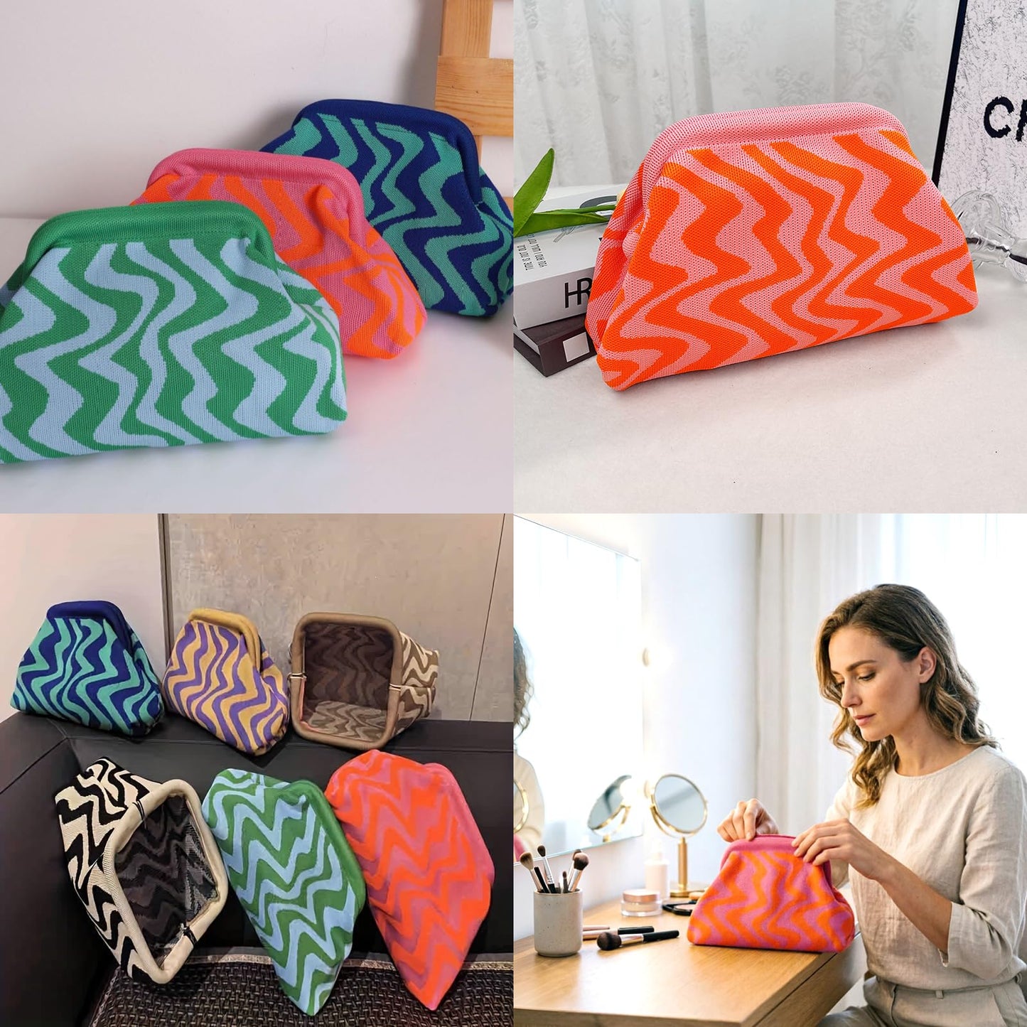 Clutch Purses for Women,Woven Crochet Bag&Cosmetic Bag Dumpling Striped Cloud Purse Evening Handbag Summer Beach