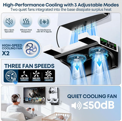 PS5/Slim/Pro Wall Mount Kit with Cooling Fan &amp; Charging Station, PS5 Shelf Floating Mount for All PlayStation 5/Slim/Pro Disc &amp; Digital Console, PS 5 Wall Bracket Behind TV, PS Five Pro Accessories