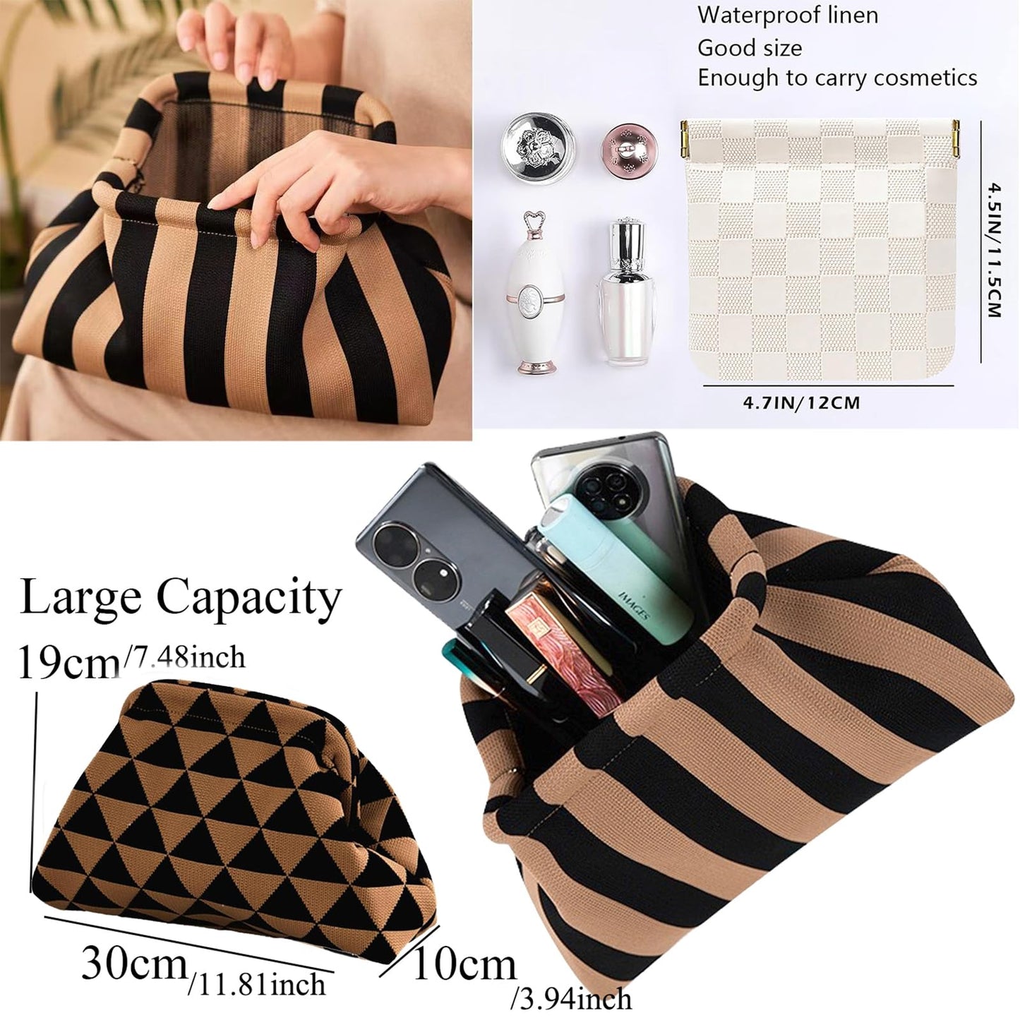 Clutch Purses for Women,Woven Crochet Bag&Cosmetic Bag Dumpling Striped Cloud Purse Evening Handbag Summer Beach
