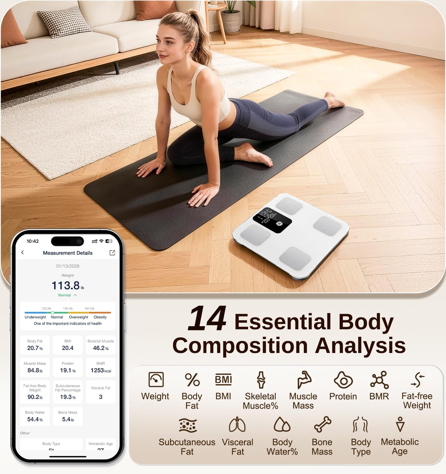 GE Smart Scale for Body Weight: Body Fat, BMI, Digital Bathroom Scale - 14 Body Composition Analyzer Health Monitor, Highly Accurate Bluetooth Weighing Scale with App 400 lb, 11 Inch