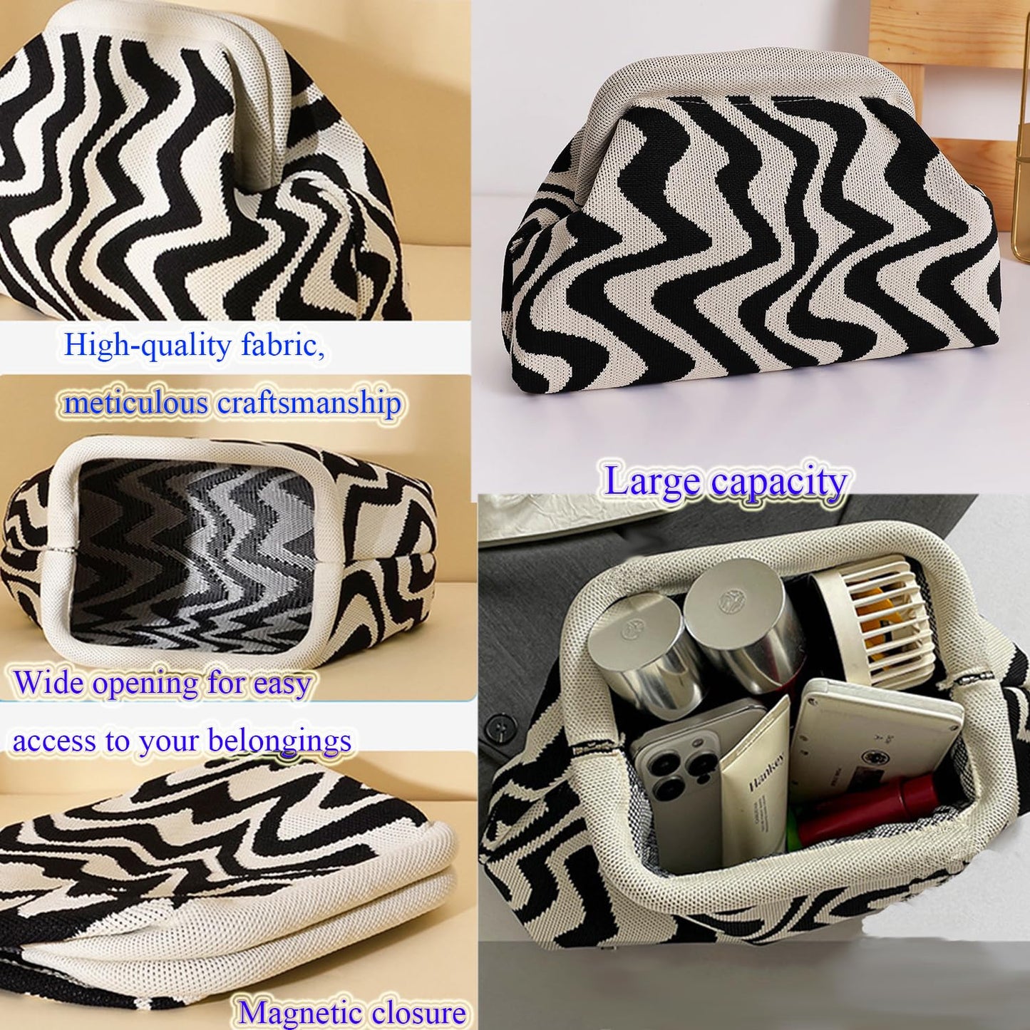 Clutch Purses for Women,Woven Crochet Bag&Cosmetic Bag Dumpling Striped Cloud Purse Evening Handbag Summer Beach