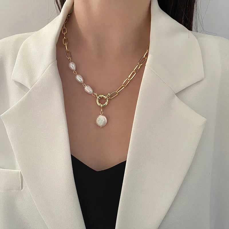 Collar con colgante de perla barroca con personalidad para mujer, gargantilla de acero inoxidable chapada en oro de lujo, accesorios de joyería para boda