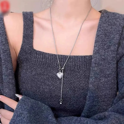 Stainless Steel Long Necklace with Heart Pendant Adjustable Chain Sweater Chain for Women Fashion Jewelry Accessories 2025