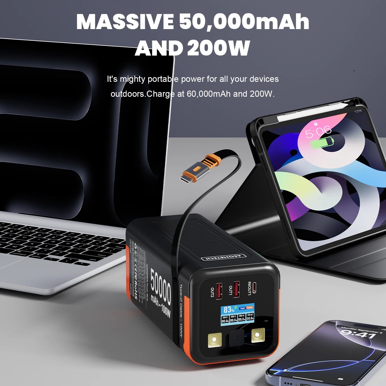 Power Bank 50000mAh 100W PD PPS Super Fast Charging Portable Spare Battery Type-C Retractable Cable Powerbank For Phone Laptop