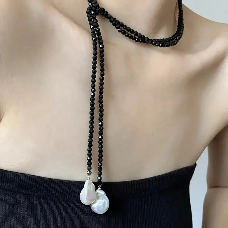 New Stainless Steel Pearls Long with Baroque Pearls Necklace for Women Adjustable Chain Sweater Accessories Fashion Jewelry