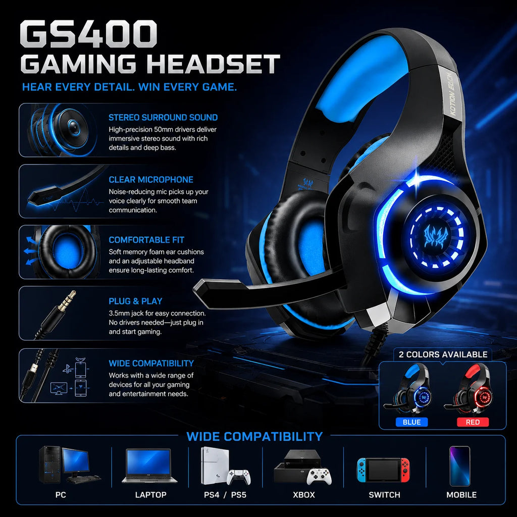GS400 Wired Gaming Headset with Microphone LED Over Ear Gamer Headphones for PC PS4 PS5 Xbox Switch Laptop Mobile