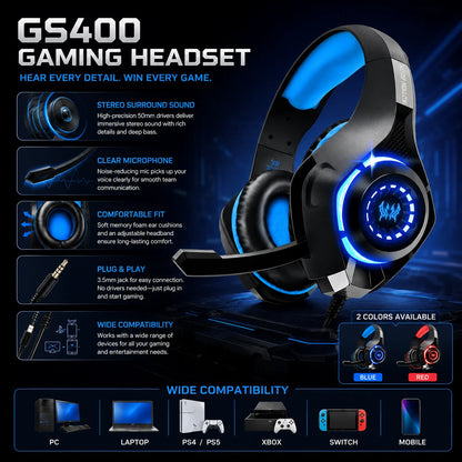 GS400 Wired Gaming Headset with Microphone LED Over Ear Gamer Headphones for PC PS4 PS5 Xbox Switch Laptop Mobile