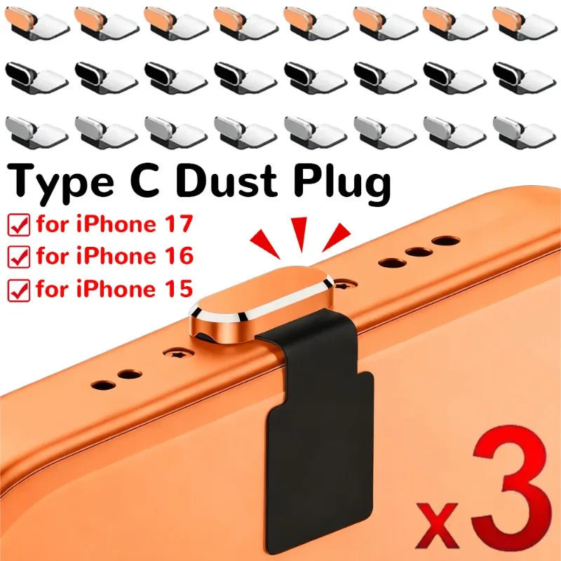 1-3Pcs USB Type C Metal Dust Plug Adhesive Charging Port Protectors Cap for iPhone 17 ProMax Anti-dust Dustplug Protective Cover