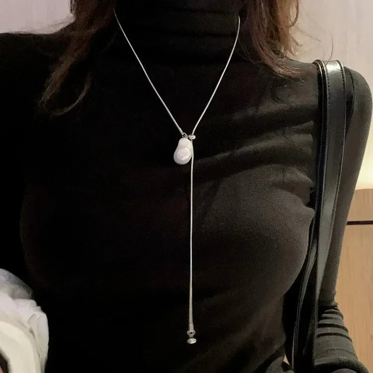 New Stainless Steel Pearls Long with Baroque Pearls Necklace for Women Adjustable Chain Sweater Accessories Fashion Jewelry