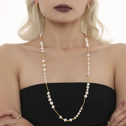 Luxury Freshwater Pearl Necklace for Women Stainless Steel Clavicle Long Chain Sweater Link Charm Banquet Jewelry Gift