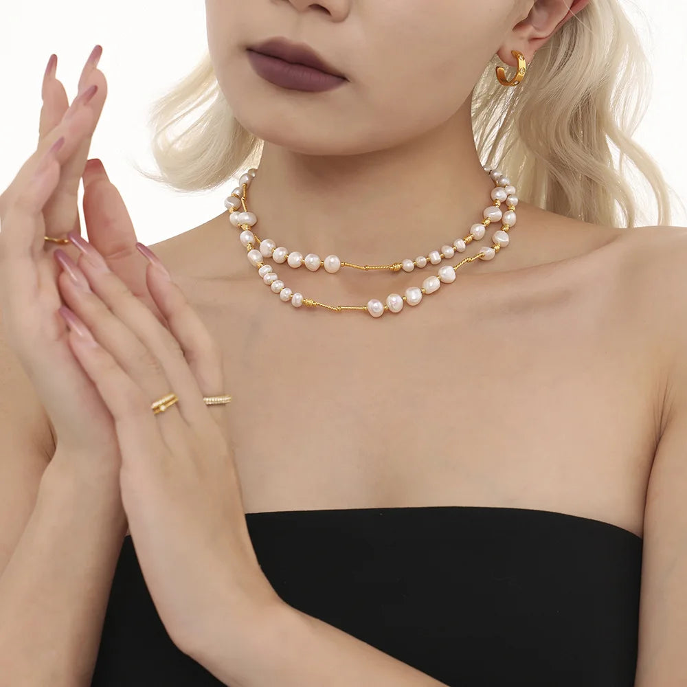 Luxury Freshwater Pearl Necklace for Women Stainless Steel Clavicle Long Chain Sweater Link Charm Banquet Jewelry Gift