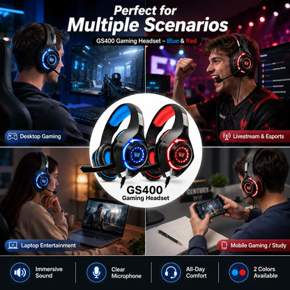 GS400 Wired Gaming Headset with Microphone LED Over Ear Gamer Headphones for PC PS4 PS5 Xbox Switch Laptop Mobile