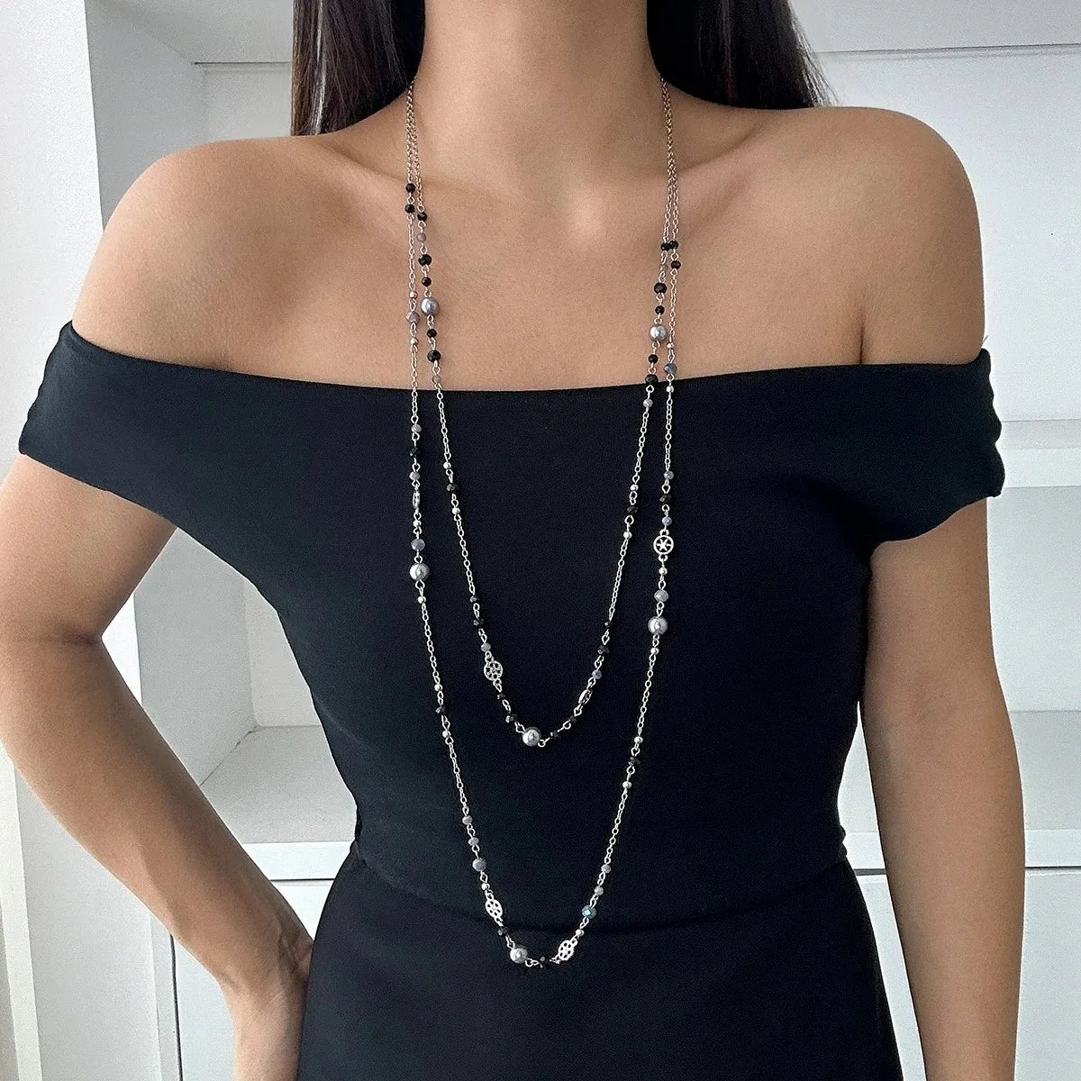New Stainless Steel Pearls Long with Baroque Pearls Necklace for Women Adjustable Chain Sweater Accessories Fashion Jewelry