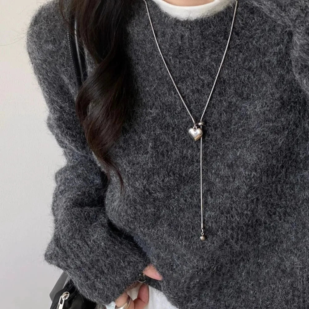 Collar largo de acero inoxidable con colgante de corazón, cadena ajustable para suéter, accesorios de joyería de moda para mujer 2025