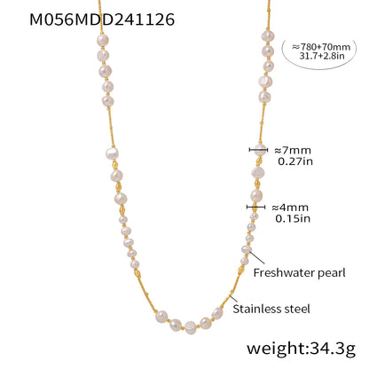 Luxury Freshwater Pearl Necklace for Women Stainless Steel Clavicle Long Chain Sweater Link Charm Banquet Jewelry Gift