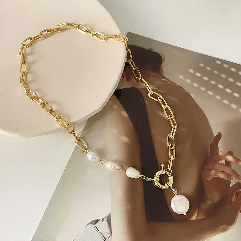 Collar con colgante de perla barroca con personalidad para mujer, gargantilla de acero inoxidable chapada en oro de lujo, accesorios de joyería para boda