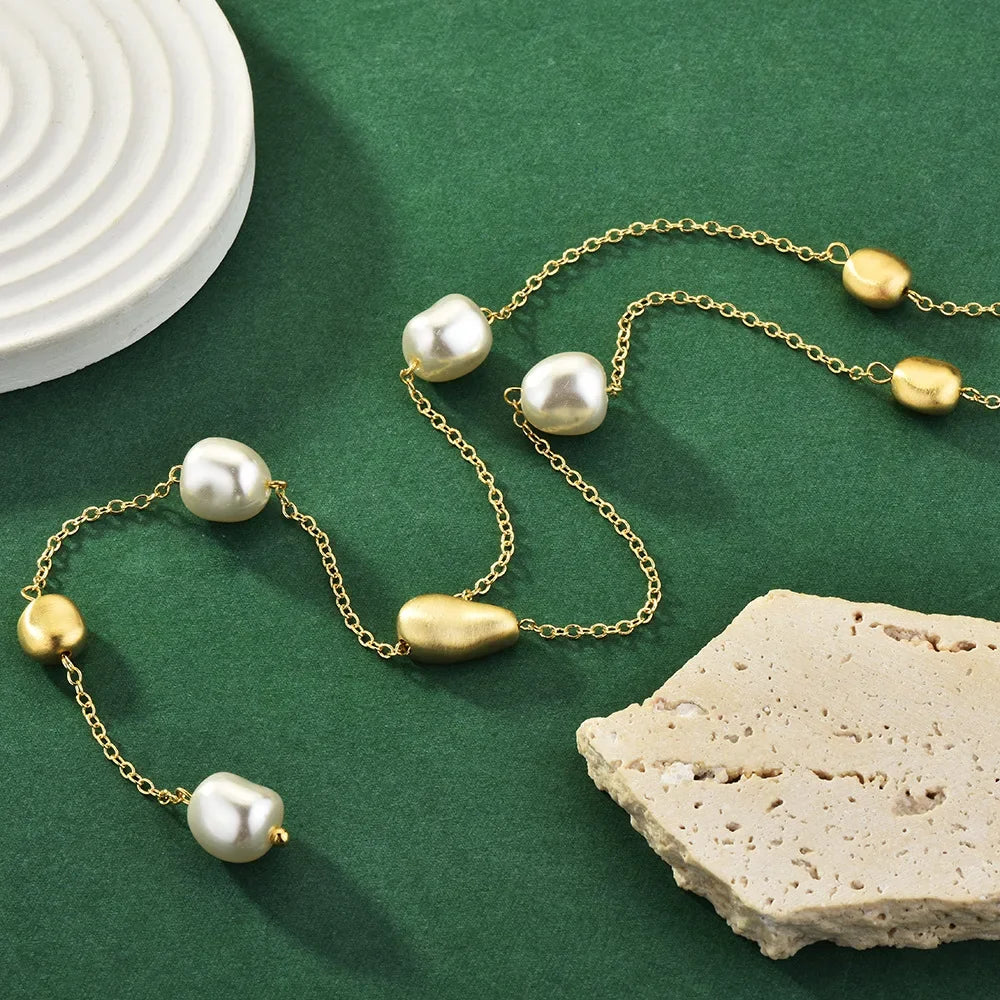 2026 New Baroque Brushed Pearl Long Necklace for Women Y-shape Sweater Chain Collares Para Mujer