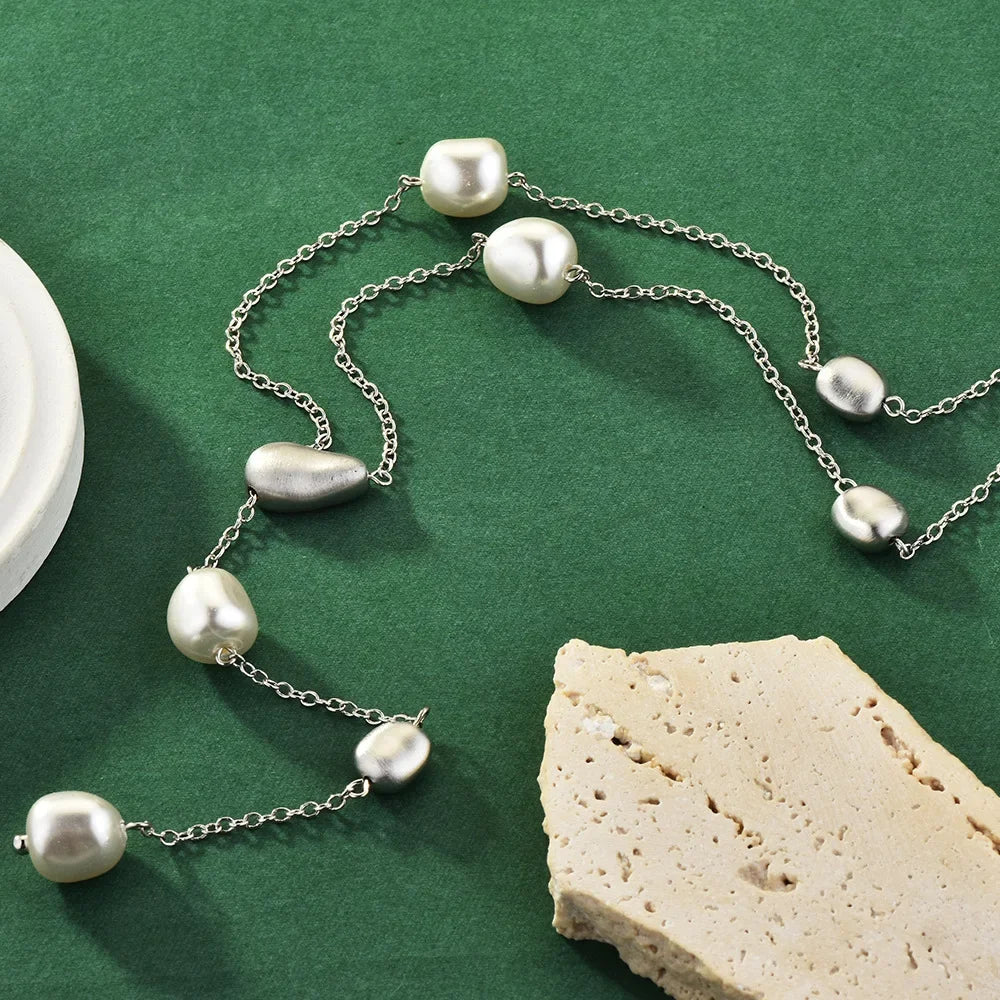 2026 New Baroque Brushed Pearl Long Necklace for Women Y-shape Sweater Chain Collares Para Mujer