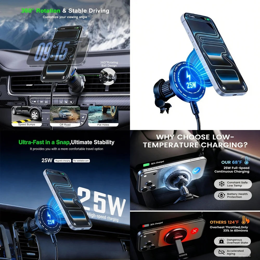 Premium 25W Magnetic Wireless Car Charger For iPhone 17 16 15 Pro Max Fast Charging Air Vent Mount Phone Holder Induction Base