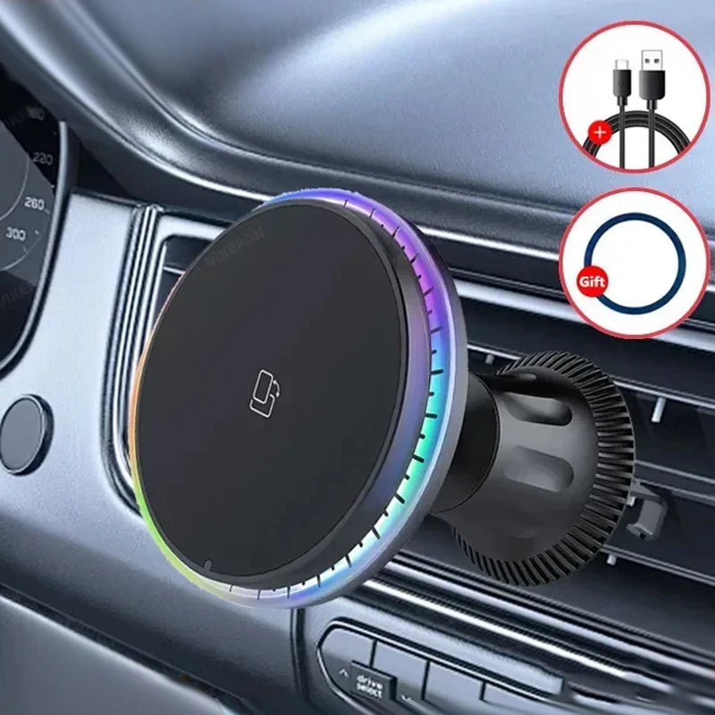 Magnetic Car Wireless Charger RGB For iPhone 13 14 15 16 17 Pro Max Macsafe Car Phone Holder Stand Mount Fast Charging Station
