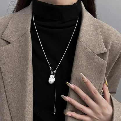 New Stainless Steel Pearls Long with Baroque Pearls Necklace for Women Adjustable Chain Sweater Accessories Fashion Jewelry