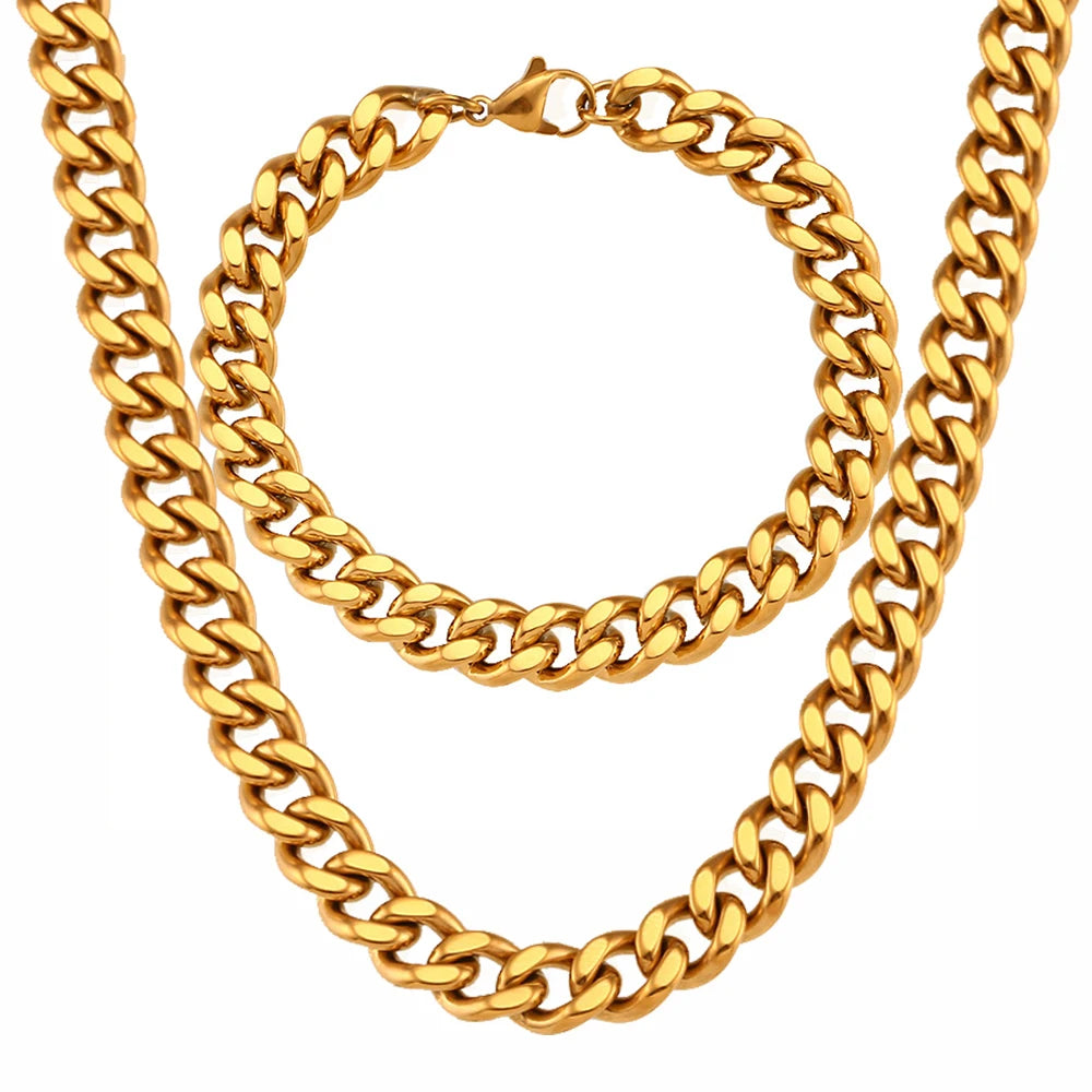 Punk 9mm Cuban Link Chain Bracelet Necklace Set Thick Gold Color Stainless Steel Chains For Women Men Party Jewelry Sets 2025