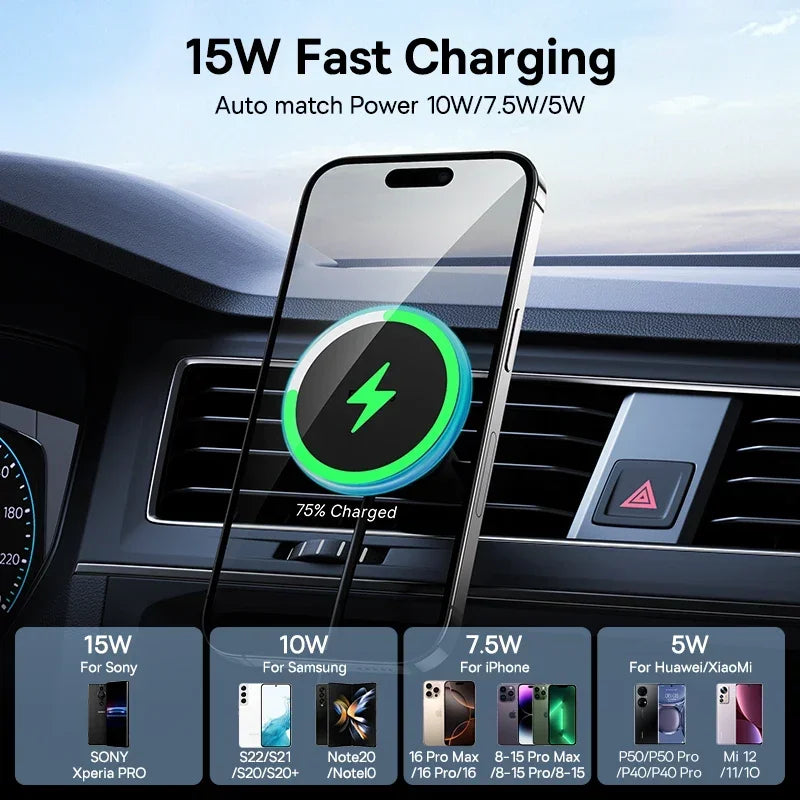 Soporte de carga inalámbrica magnético Baseus de 15W de carga rápida para teléfono de coche, cargador inalámbrico para coche para iPhone 16 15 14 13